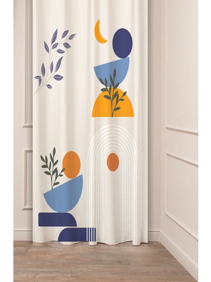 Greendecor Güneş Ay Yaprak Bohem Desenli Özel Tasarım Dijital Baskılı (Tek Kanat) Modern Şık Bej Krem Fon Perde