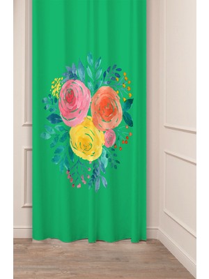 Greendecor Çiçekler Yaprak Çizgili Bohem Desenli Özel Tasarım Dijital Baskılı (Tek Kanat) Modern Şık Fon Perde