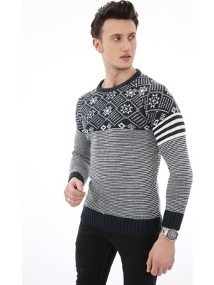 buğrahayalin Çizgili Desenli Lacivert Kalın Kışlık Günlük Triko Kazak