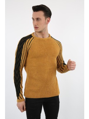 buğrahayalin Erkek Hardal Kolu Şeritli Kalın Kışlık Günlük Triko Kazak