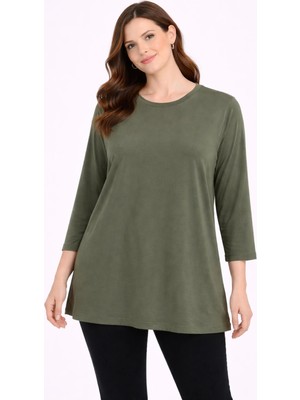 Şans Kadın Büyük Beden Haki, Truvakar Kol, Bisiklet Yaka Bluz 65N39316
