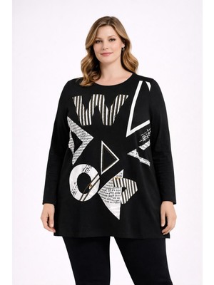 Şans Kadın Büyük Beden Siyah, Baskı ve Taş Detaylı Viskon Uzun Kol Bluz 65N39343