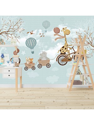 Bisikletli Zürafa Gökyüzünde Çocuk Odası Poster Duvar Kağıdı