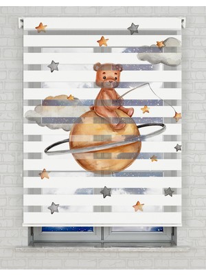 BRIGHTCOVER Jupiterin Üstünde Oturan Sevimli Ayıcık Baskılı Zebra Perde - Gece Gündüz - Bebek Odası Perdesi | Kokusuz Mürekkeple Basılmış  Zebra Perdeler ile Sende Tarzını Yansıt! | 1 Dakikada Pratik Montaj