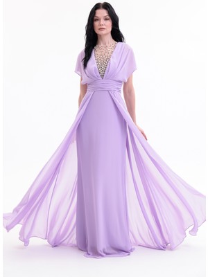 Bdm Exclusive V Yaka El Işi Taş Detaylı Şifon ve Krep Uzun Abiye Elbise