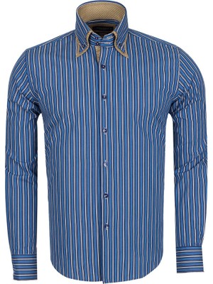 MAKROM Premium Seri %100 Pamuk Slim Fit Double Yaka Çizgili Gömlek