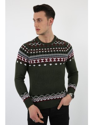 buğrahayalin Karışık Desenli Yeşil Kalın Kışlık Günlük Triko Kazak