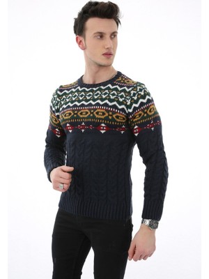 buğrahayalin Desenli Sıfır Yaka Burgulu Kalın Erkek Günlük Triko Kazak