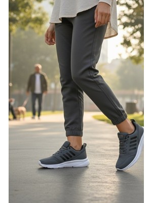 Enoch Erkek Spor ve Yürüyüş Ayakkabısı Tam Ortopedik Tabanlı Gri Fileli ve Şeritli Hafif Model