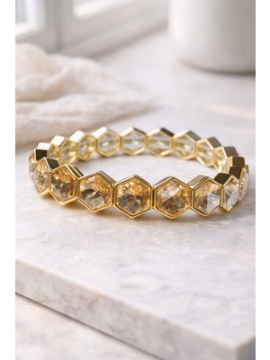 Göksunun İzi Kadın Seramik Taşlı Altın Ton Bal Peteği Desenli Altıgen Lastikli Bileklik