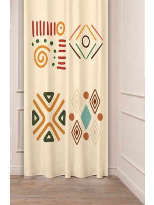 Greendecor Geometrik Çizgi Etnik Afrika Antika Desenli Bohem Özel Tasarım Dijital Baskılı (Tek Kanat) Fon Perde