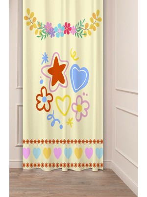 Greendecor Çiçekler Yaprak Çizgili Bohem Desenli Özel Tasarım Dijital Baskılı (Tek Kanat) Modern Şık Fon Perde