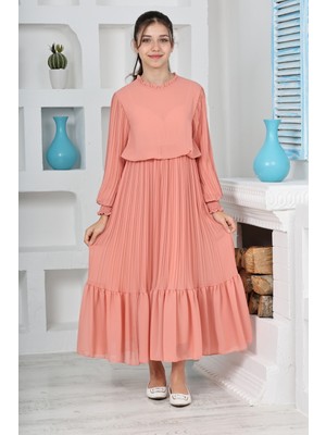 Pantukux Kız Çocuk Uzun Boydan Pliseli Pamuklu Şifon Uzun ELBISE-ELB-2045