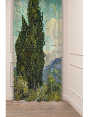 Greendecor Van Gogh Selviler Ünlü Eser Tablo Sanat Manzara Desenli Dijital Baskılı (Tek Kanat) Şık Fon Perde