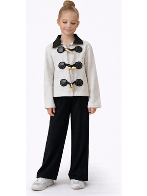 Rapapa Gri Tokalı Triko Ceket ve Siyah Ribana Pantolon Kız Çocuk Takımı 6008