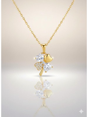 Çelik Dört Yapraklı Yonca ve Kalp Detaylı Zirkon Taşlı Kadın Kolyesi – Şans Sembolü Parlak Tasarım