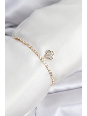 Inure Jewelry Yonca Model Zirkon Taşlı Gold Renk Asansörlü Su Yolu Bileklik