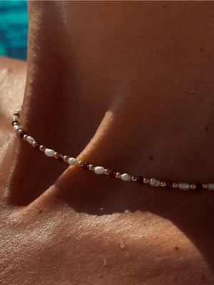 CAPO By Aytaç Yamaç Garnet Lal Taşı ve Gerçek Arpa Incili 14 Ayar Altın Kaplama Kolye