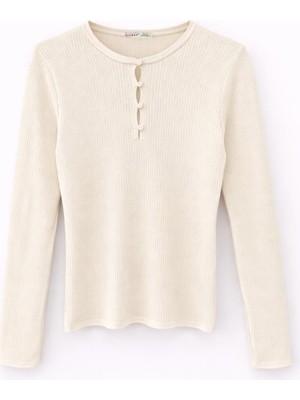 Mixray 6982 Kadın Britli Detaylı Yumuşak Basic Kazak Naturel