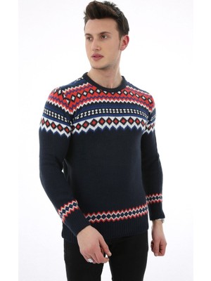 buğrahayalin Desenli Lacivert Kalın Kışlık Günlük Triko Kazak