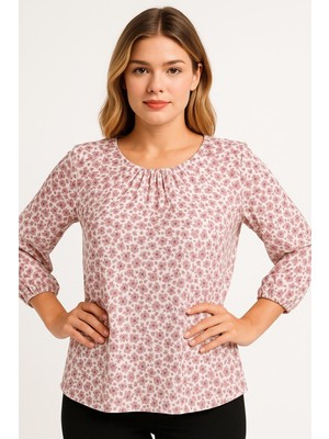 Şans Kadın Büyük Beden Beyaz, Pembe Çiçekli, 3/4 Kol, Kol Ağzı Lastikli Bluz 65N39241