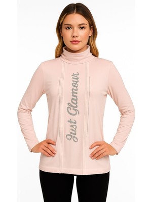 Şans Kadın Büyük Beden Pembe, Balıkçı Yaka, Ön Baskı ve Nervür Dikiş Detaylı Bluz 65N39242