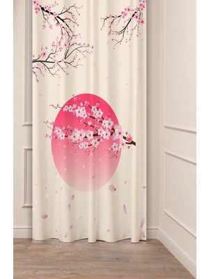 Greendecor Sakura Çiçek Bohem Japonya Soft Bej Pembe Desenli Özel Tasarım Dijital Baskılı (Tek Kanat) Fon Perde