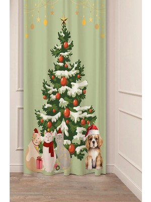 Greendecor Yılbaşı Çam Ağacı Noel Ağacı Kar Yeni Yıl Christmas Desenli Özel Tasarımlı Dijital Baskılı Fon Perde