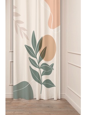Greendecor Bohem Yaprak Sade Pastel Renkli Desenli Özel Tasarım Dijital Baskılı (Tek Kanat) Bej Şık Fon Perde