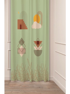 Greendecor Bohem Geometrik Çizgi Şekiller Özel Tasarım Desenli Dijital Baskılı (Tek Kanat) Modern Şık Fon Perde