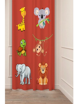 Greendecor Aslan Fil Maymun Özel Tasarım Desenli Dijital Baskılı (Tek Kanat) Çocuk Odası Modern Fon Perde