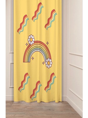 Greendecor Çiçekler Yaprak Çizgili Bohem Desenli Özel Tasarım Dijital Baskılı (Tek Kanat) Modern Şık Fon Perde