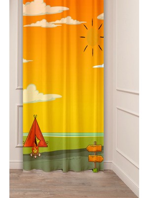 Greendecor Kamp Ateş Orman Çadır Güneş Odun Su Özel Tasarım Desenli Dijital Baskılı (Tek Kanat) Şık Fon Perde