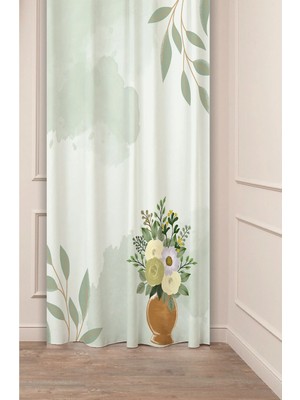 Greendecor Çiçek Vazo Gül Yaprak Yeşil Bohem Deseneli Özel Tasarım Dijital Baskılı (Tek Kanat) Modern Fon Perde
