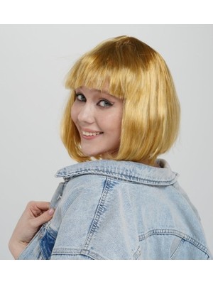 Homevia Altın Renk Düz Kesim Küt Parti Peruğu Kısa Takma Saç