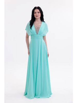 Bdm Exclusive V Yaka El Işi Taş Detaylı Şifon ve Krep Uzun Abiye Elbise