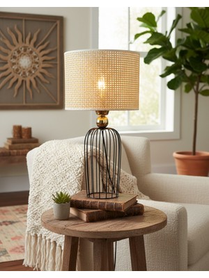 Decodelight Siyah Yüksek Silindir Tel Ayaklı Gold Toplu Silindir Hazeran Şapkalı Abajur Masa Lambası