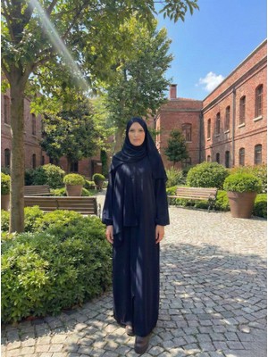 Plistre 2303_KADIN Tek Parça Kendinden Şallı Taş Işlemeli Balon Kollu Abaya Ferace Koyu Lacivert