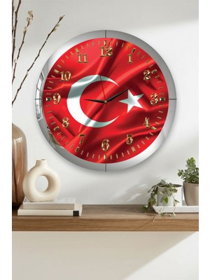 Zevahir Mobilya Dekorasyon Gümüş Çerçeveli Türk Bayrağı Temalı Yuvarlak Mdf Duvar Saati