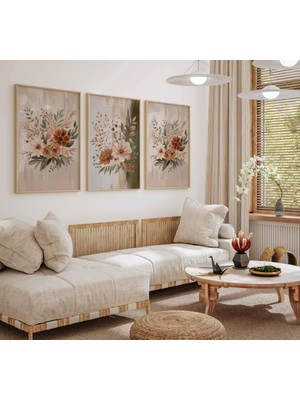 Pam Studio Bej Kahverengi Çiçek Desenli 3’lü Tablo Seti – Bohem Floral Duvar Dekoru