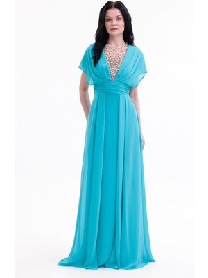 Bdm Exclusive V Yaka El Işi Taş Detaylı Şifon ve Krep Uzun Abiye Elbise