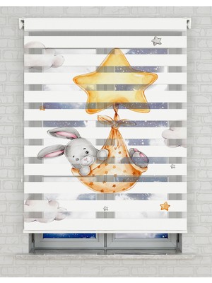 BRIGHTCOVER Yıldızlı Sepette Tavşan Baskılı Zebra Perde - Gece Gündüz - Bebek Odası Perdesi | Kokusuz Mürekkeple Basılmış  Zebra Perdeler ile Sende Tarzını Yansıt! | 1 Dakikada Pratik Montaj