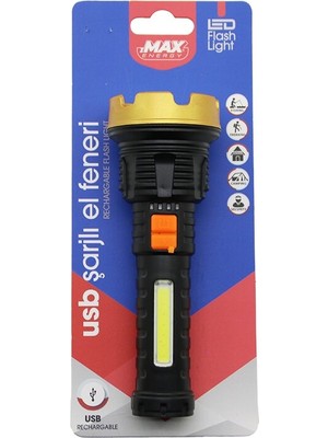 Go İthalat KÜÇÜK=15CM 2in1= Osl LED - Cob LED USB Şarjlı El Feneri 3-Kademe Işık - Flaşör Şarj Gösterge (5440)