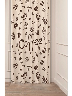 Greendecor Coffe Time Espresso Latte Kahve Zamanı Bohem Desenli Özel Tasarım Dijital Baskılı Şık Tarz Fon Perde