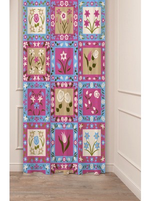 Greendecor Etnik Anadolu Motif Çiçek Pastel Bohem Özel Tasarım Dijital Baskılı (Tek Kanat) Bej Krem Fon Perde