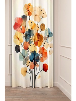 Greendecor Çiçek Yaprak Desenli Dijital Baskılı Fon Perde (Tek Kanat) Renkli Modern Tasarımlı Bohem Fon Perde