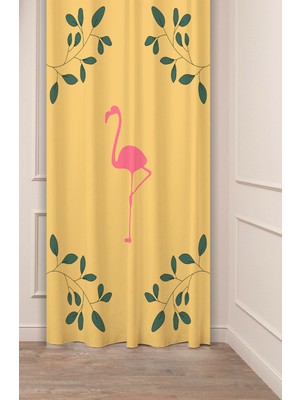 Greendecor Pembe Flamingo Yaprak Bohem Desenli Dijital Baskılı Özel Tasarım (Tek Kanat) Modern Şık Fon Perde