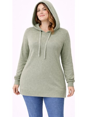 Şans Kadın Büyük Beden Yeşil, Kapüşonlu Triko Tunik 65N39303