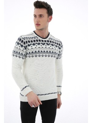 buğrahayalin Desenli Beyaz Kalın Kışlık Günlük Triko Kazak