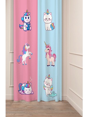 Greendecor Unicorn Kediunıcorn Özel Tasarım Desenli Dijital Baskılı (Tek Kanat) Çocuk Odası Modern Fon Perde